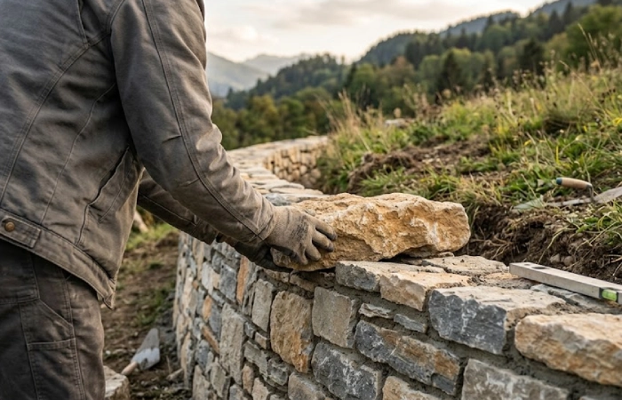 Muret en pierre naturelle maçonné au mortier de chaux près d’Albertville