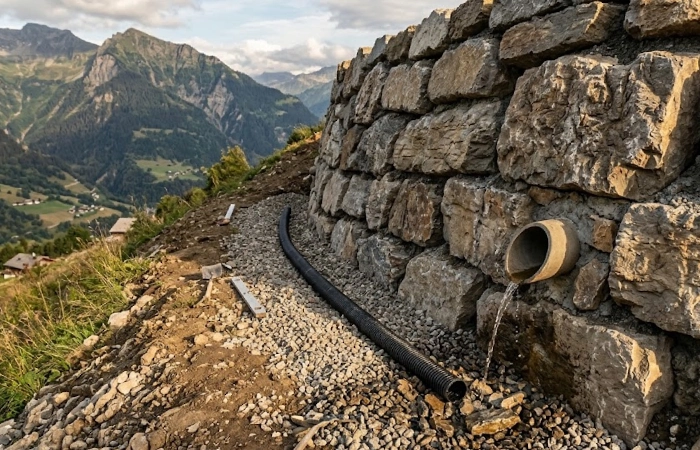 Muret en pierre naturelle maçonné au mortier de chaux près d’Albertville