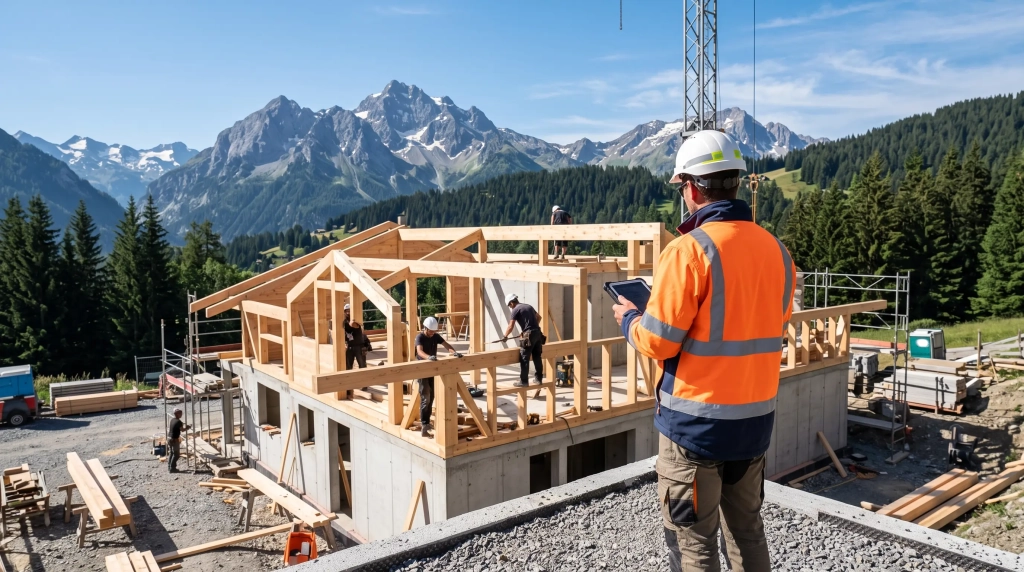 Chef de chantier coordonnant des équipes sur un chantier en montagne en Savoie