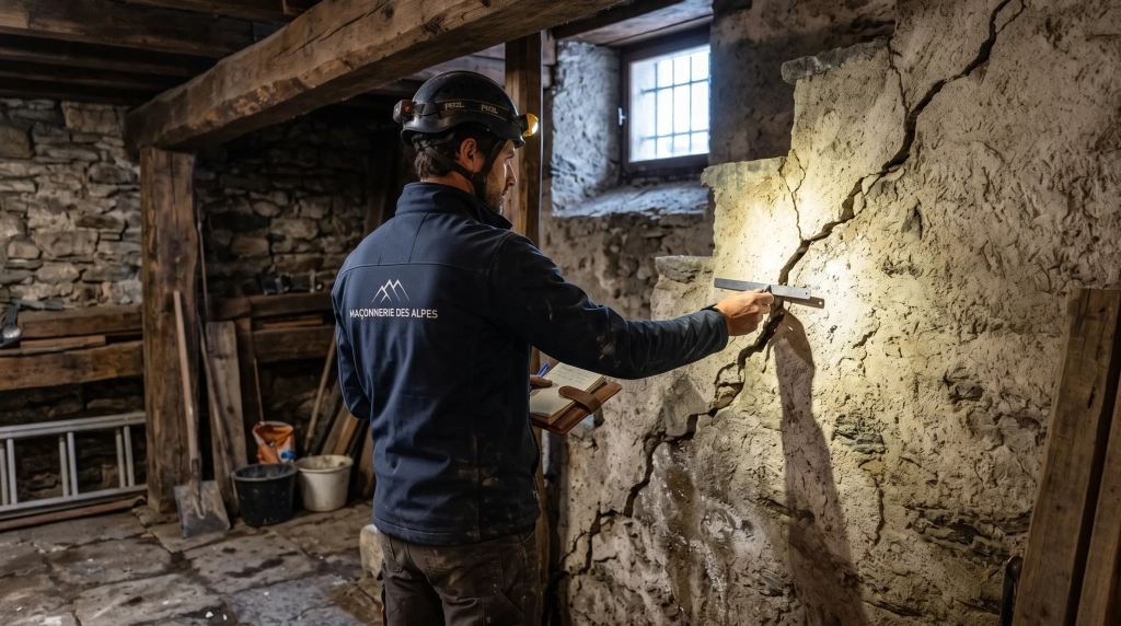 Contrôle d’une poutre de charpente au poinçon pendant un diagnostic structure de chalet