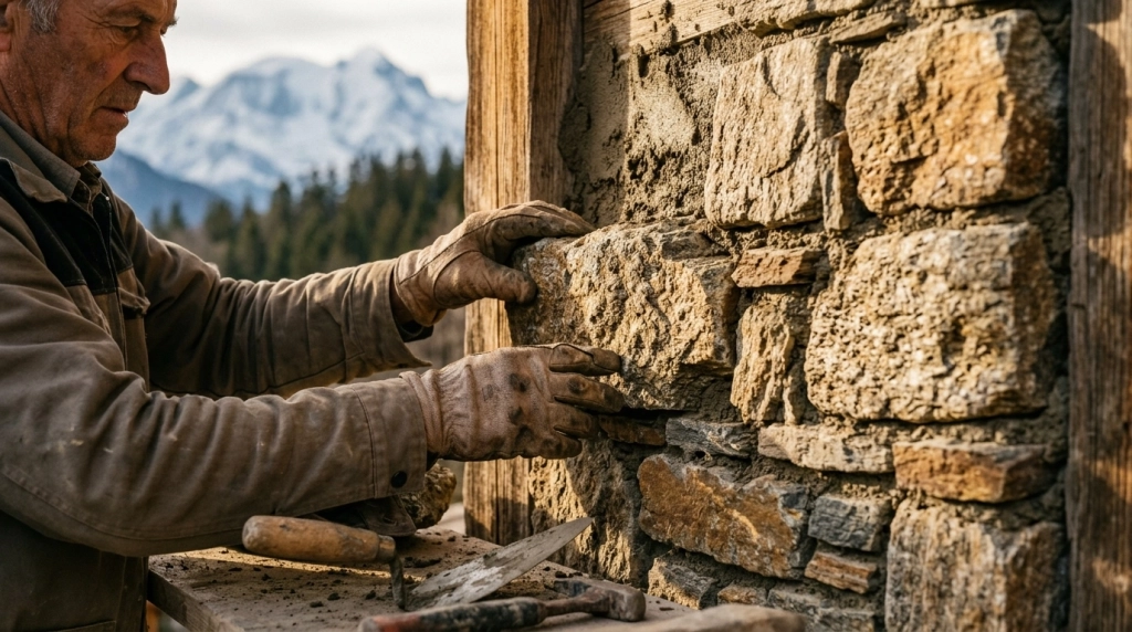 Pose de pierre naturelle en montagne : sublimer les façades, parements et murets de son chalet