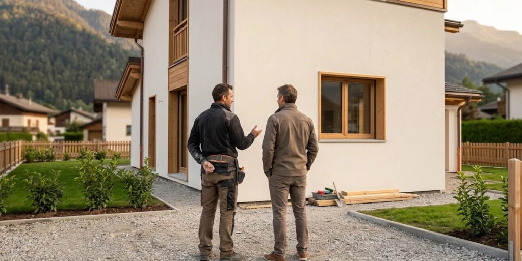 Plans de maçonnerie déroulés sur un chantier à Albertville avec casque et mètre