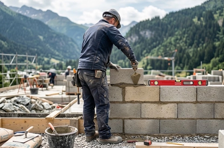 Maçon montant un mur en blocs sur un chantier de maçonnerie à Albertville