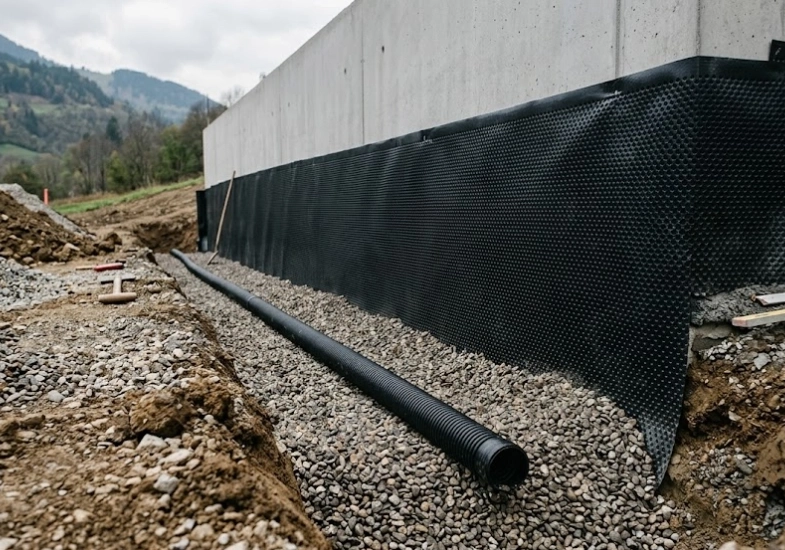Drain posé au pied d’un mur neuf lors de travaux de maçonnerie à Albertville